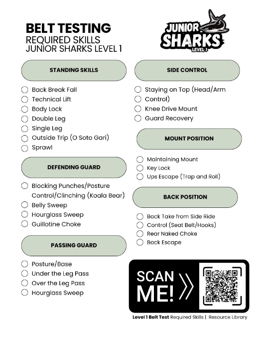 Junior Sharks Level 1 belt test required skills checklist — standing skills, defending guard, passing guard, side control, mount position and back position